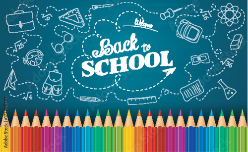 Welcome back to school background with doodle elements on chalkboard and colorful pencils