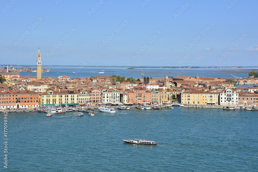 The view from the top of the bellltower of San Giorgio Maggiore in Venice showing the Castello quarter and the Arsenale background right