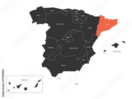 Catalonia region in a vector map of Spain.
