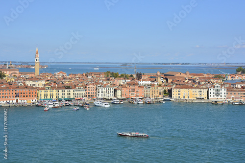 The view from the top of the bellltower of San Giorgio Maggiore in Venice showing the Castello quarter and the Arsenale background right © dragoncello