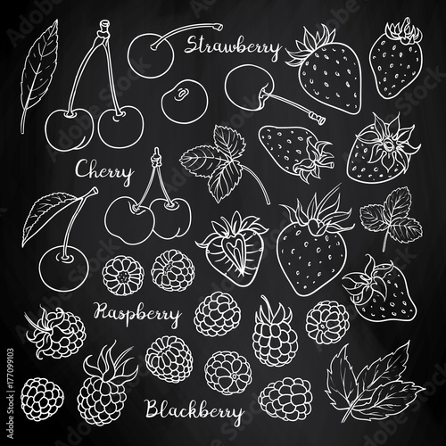 Summer fruits and berries set: cherry, strawberry, raspberry, blackberry. Vector sketch on blackboard.