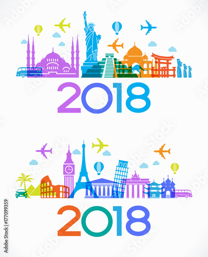 Travel and happy new year 2018 design background with icons and tourism landmarks.