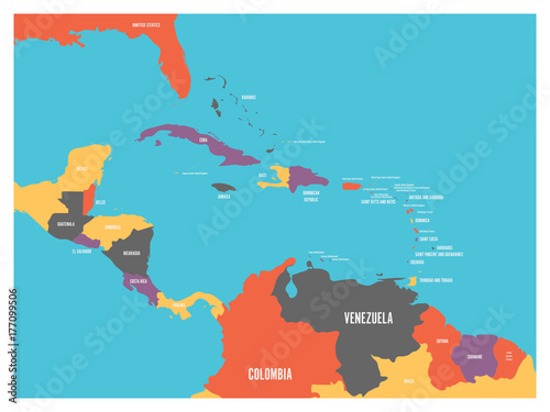 Central America and Carribean states political map with country names labels. Simple flat vector illustration.