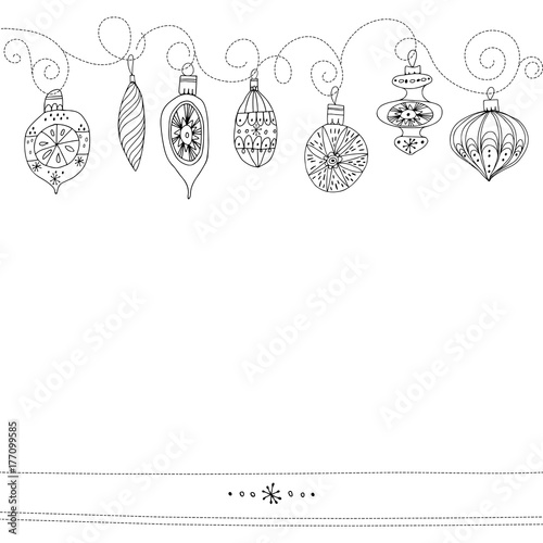 Background with Christmas Holiday Toys. Vector hand-drawn illustration with place for text. Black and white contour drawing. Perfect for an invitation or greeting card.