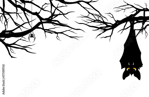 halloween theme evil bat hanging among tree branches - monster vector design
