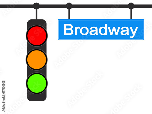 Broadway sign and traffic light.