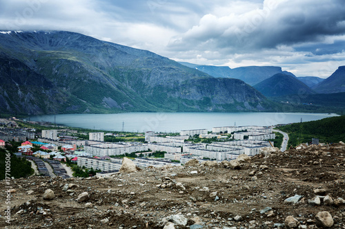 Beautiful view of the small town in the mountains and the lake