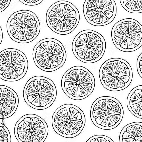 Lemon, lime black and white contour seamless pattern
