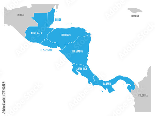 Map of Central America region with blue highlighted central american states. Country name labels. Simple flat vector illustration. photo