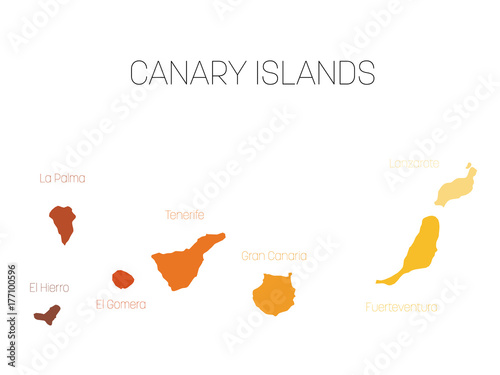 Map of Canary Islands, Spain, with labels of each island - El Hierro, La Palma, La Gomera, Tenerife, Gran Canaria, Fuerteventura and Lanzarote. Vector silhouette on white background.