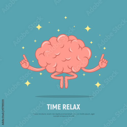 Cartoon brain meditation. Concept time relax. Calm brain in position lotus.