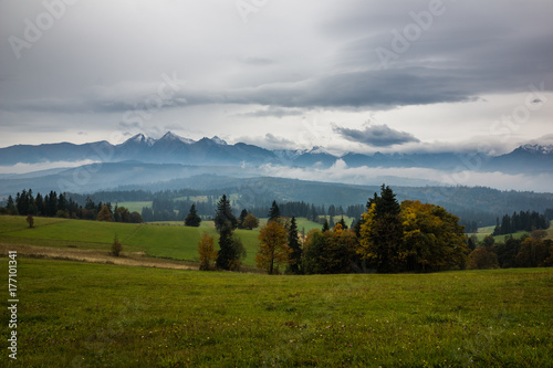 Panorama of Tatra mountains (Havran and Zdiarska Vidla) at autumn in sunny day from Lapszanka, Poland