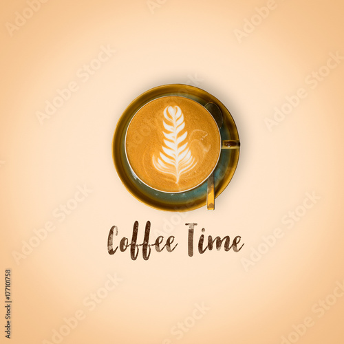 text coffee time and cup of hot coffee mug on color background