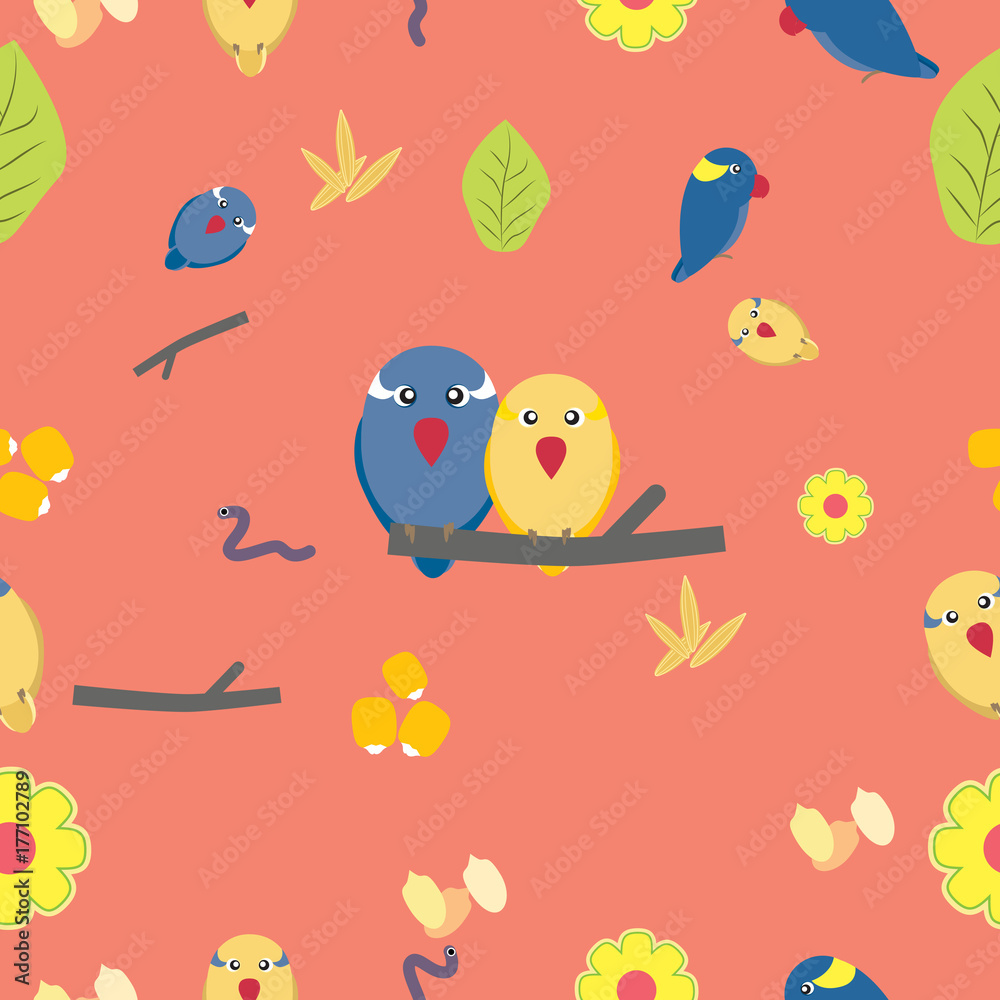 Seamless pattern of cute parrots seeds grain flower and leaf on pink background.