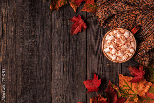 Autumn background with hot chocolate, knitted scarf, multi-colored leaves.