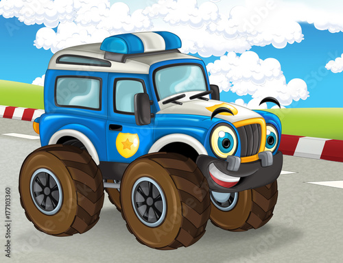 cartoon scene with happy smiling monster truck on the race truck illustration for children © honeyflavour
