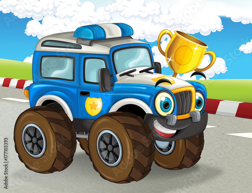 cartoon scene with happy smiling monster truck on the finish line illustration for the children © honeyflavour