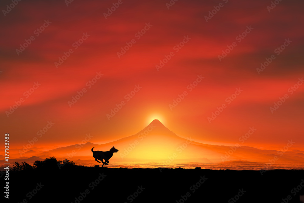 富士山の日の出と走る犬のシルエット Stock イラスト Adobe Stock