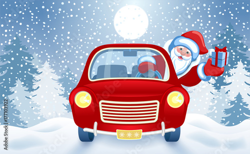 Christmas card with Santa Claus in red car with gift box against winter forest background and moon sky