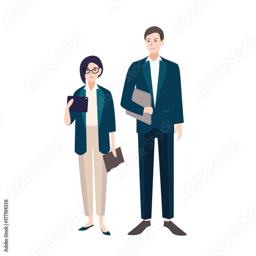 Couple of people dressed in business clothes or smart suits. Pair of male and female clerks or office workers isolated on white background. Flat colorful cartoon characters. Vector illustration.