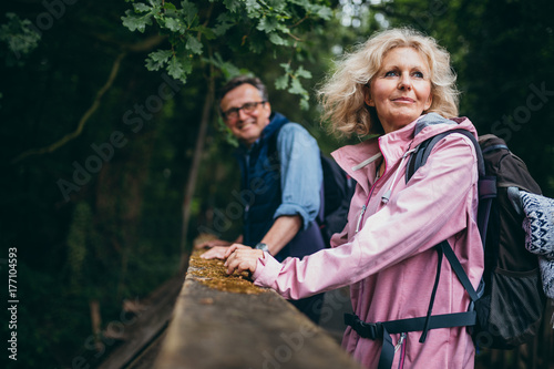 Senior Couple enjoying hike in the forest