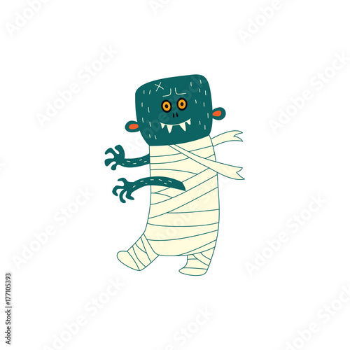 vector flat cartoon halloween traditional autumn holiday symbol spooky stylized funny mummified walking zombie. Isolated illustration on a white background.