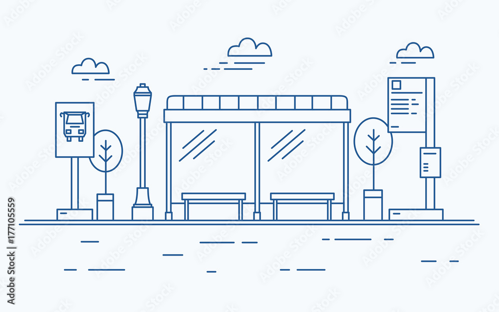 Naklejka Bus stop, street light, public transport timetable or information board, sign and trees against sky with clouds on background drawn with contour lines in monochrome colors. Vector illustration.