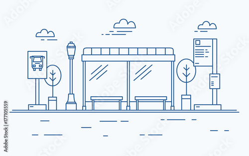 Bus stop, street light, public transport timetable or information board, sign and trees against sky with clouds on background drawn with contour lines in monochrome colors. Vector illustration.