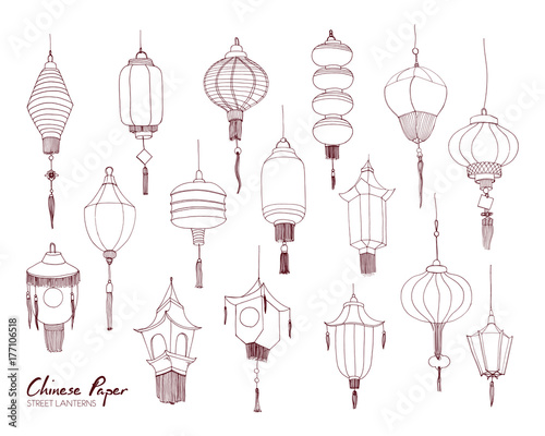 Set of Chinese paper street lanterns of different types and sizes hand drawn with contour lines. Bundle of traditional asian festival decorations isolated on white background. Vector illustration.