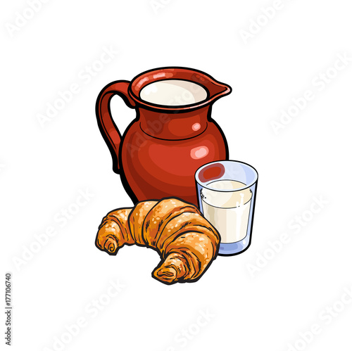 vector sketch cartoon glass of milk and ceramic pitcher jug, crock and french croissant set. Isolated illustration on a white background. Healthy food dairy products, natural dieting concept