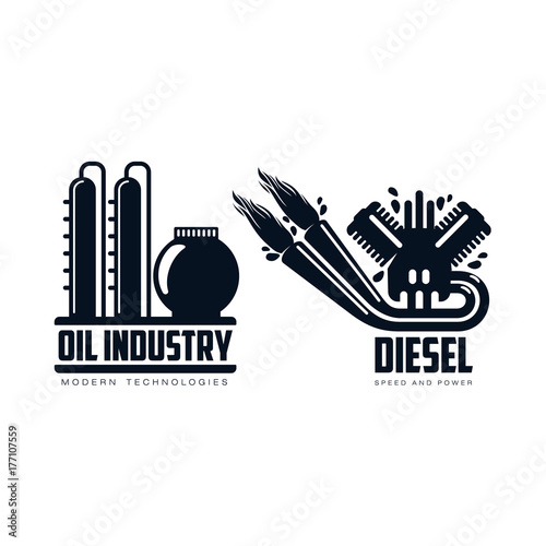 vector diesel gasoline engine with fire from exhaust pipe, oil refinery plant simple flat icon pictogram set isolated on a white background. Gas oil fuel, energy power petroleum industry symbol, sign