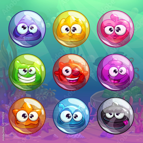 Colorful transparent bubbles with funny characters