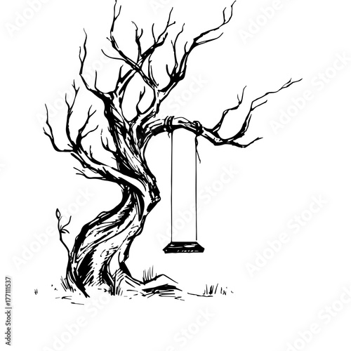 Handsketched illustration of old crooked tree with swing.