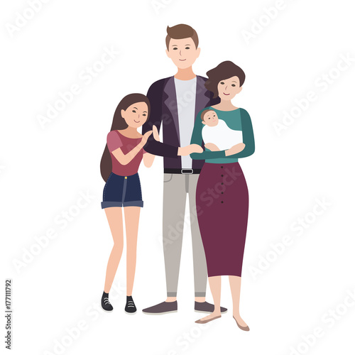 Portrait of happy loving family. Father, mother holding newborn child and tee...