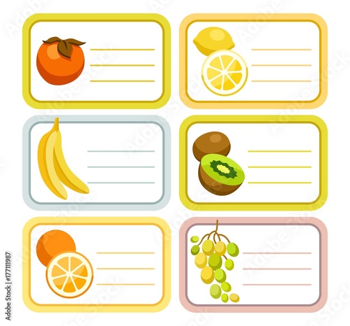 Fruit, labels, stickers, color, vector. Rectangular white label with coloured outline and a fruit. Fruit from the southern countries. The stickers on the jars with the canning.