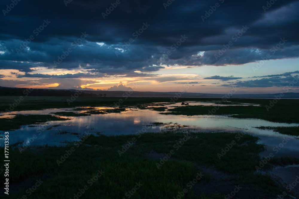 Gloomy sunset along the swampy area of Nakuru Lake