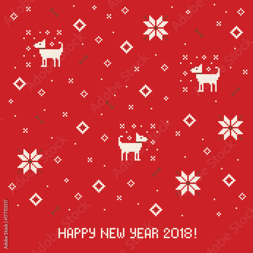 Chinese happy new year 2018 cross stitch greeting card with dog. Pixel art