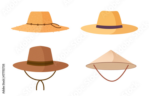 Collection of gardener, farmer or agricultural worker straw hats isolated on white background. Headdresses, head accessories of different types and styles. Colorful cartoon vector illustration.