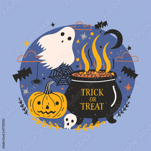 Halloween banner with funny spooky ghost, pumpkin or jack-o -lantern, skull and witch pot with brewing potion against dark starry night sky on background