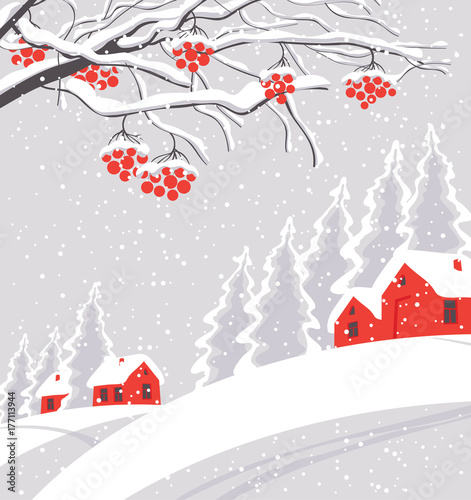 Vector white winter landscape with branches and bunches of rowan tree, with village and red houses on the snowing hill