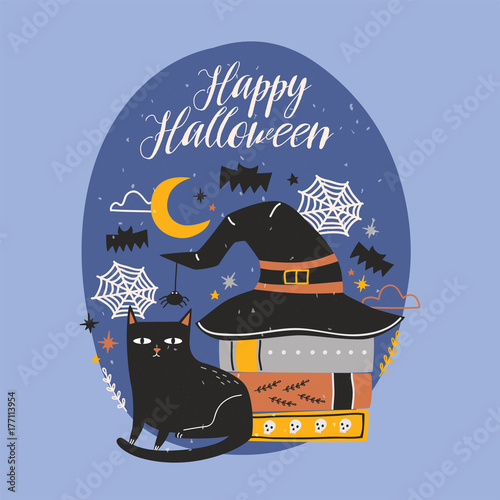Happy Halloween banner with funny black cat sitting beside stack of antique b...