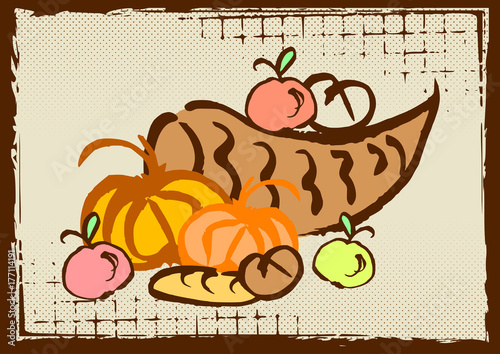 Thanksgiving doodle style greeting card with hand drawn horn of plenty with harvest in brown beige colors. Vector illustration