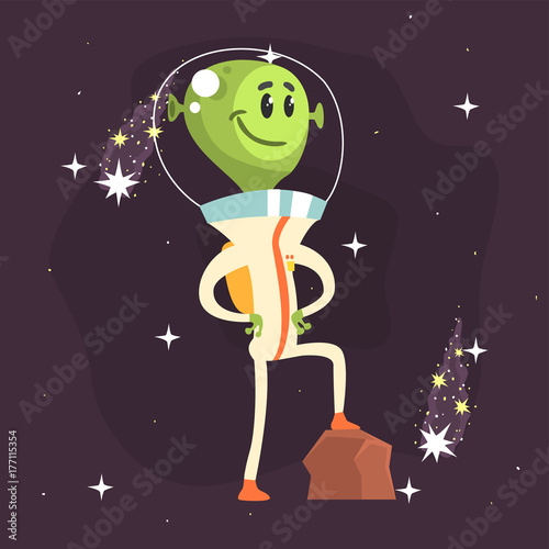 Smiling alien proudly posing with one foot on rock