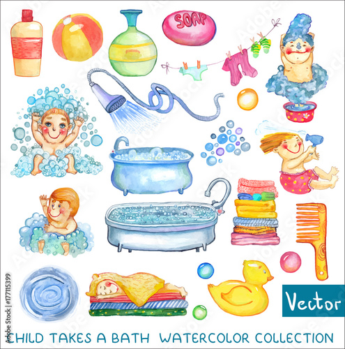 Watercolor children and bath time over white background
