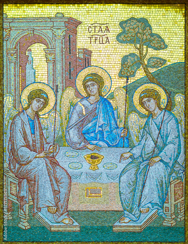 Mosaic icon of the Holy Trinity. Mosaic icon of the Holy Trinity located on the back of the Alexander Nevsky Lavra in the city of St. Petersburg, Russia.