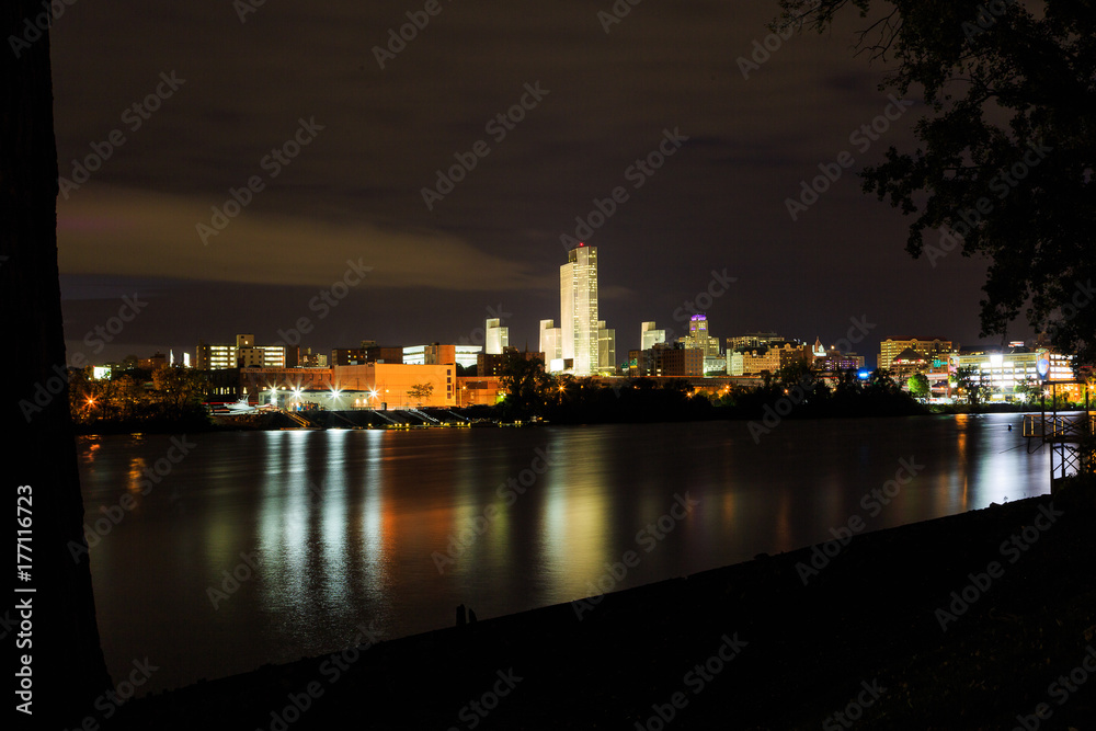Albany city NY night scene viewed from across the Hudson in Renssalear.