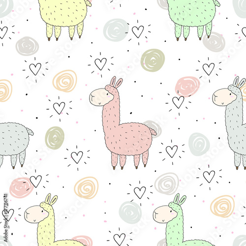 Cute seamless pattern with funny llama. vector illustration
