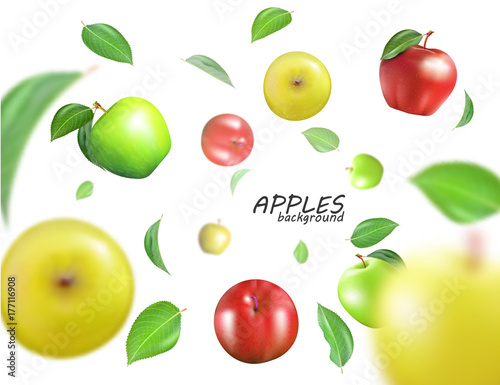 Vector flying colorful apples. Advertising fresh food template. Realistic 3D apples