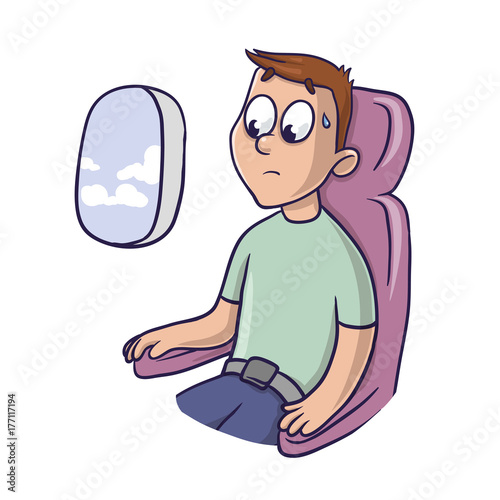 Worried frightened man in the airplane seat at the window. Fear of flying, aerophobia. Vector illustration, isolated on white background.