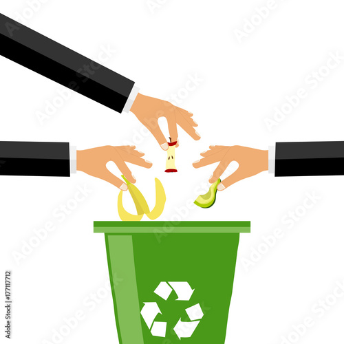 The hand throws garbage into the garbage can, many hands throwing out garbage